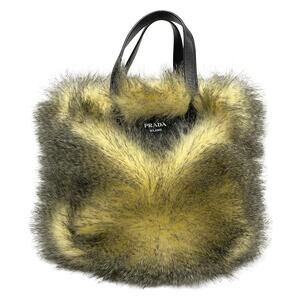 Prada Tote Bag Cream Black Fake Fur Leather